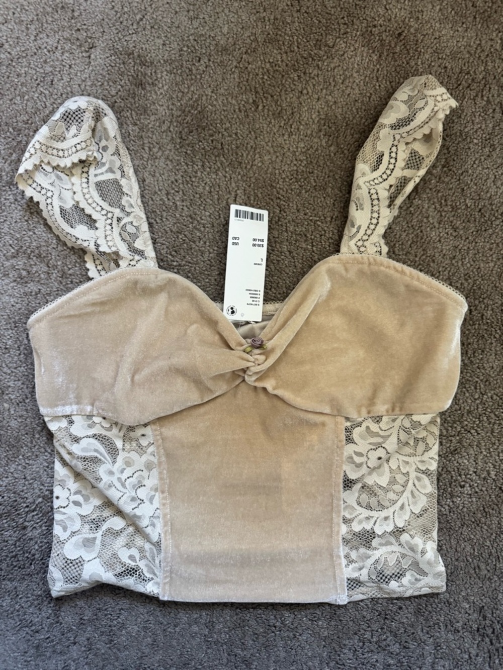 Urban Outfitters Beige Lace Velvet Crop Top
